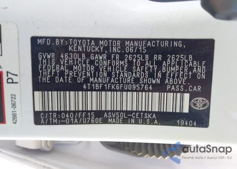 2015 Toyota Camry Se из США, поврежденный, VIN 4T1BF1FK6FU095764